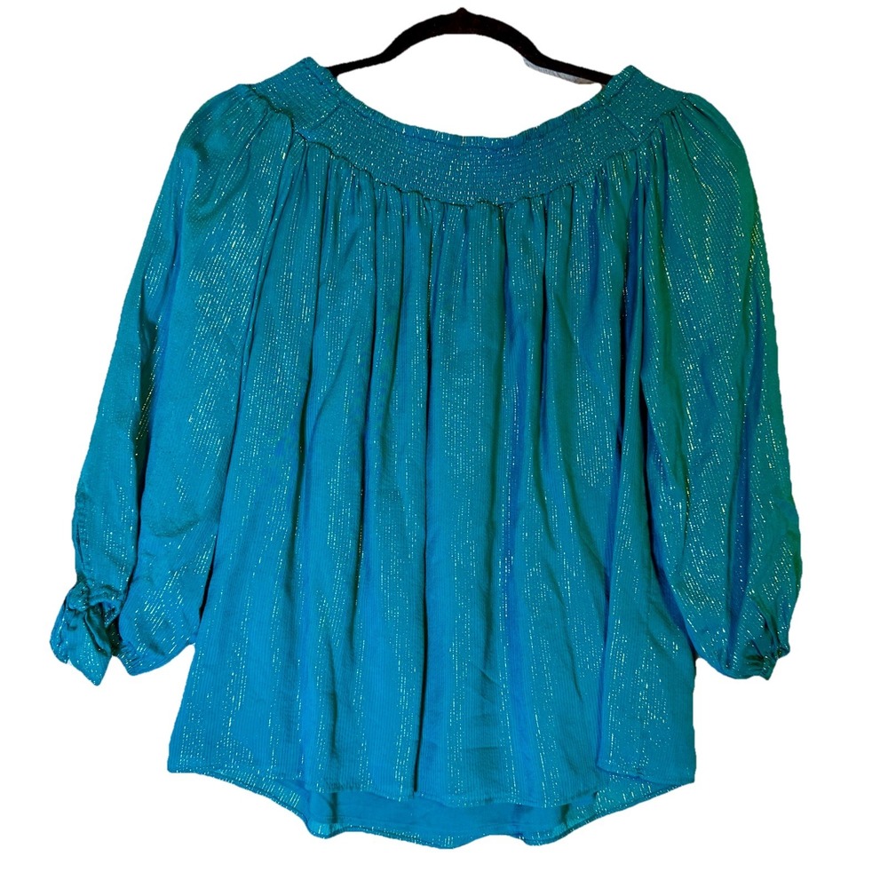 Lilly‎ Pulitzer Maryellen Off-The-Shoulder Top Small Valencia Teal Gold Metallic